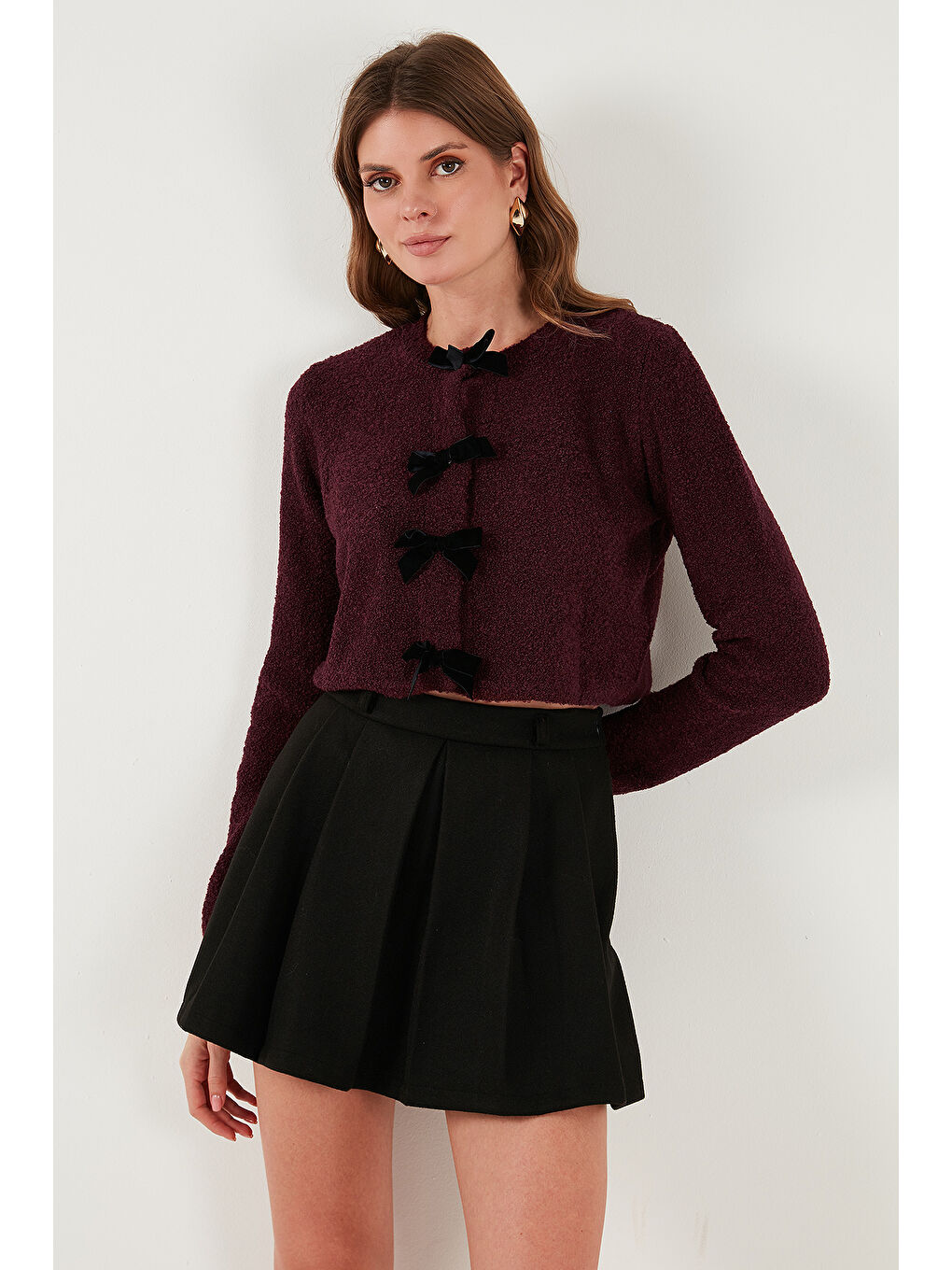 Bordo Regular Fit Bisiklet Yaka Kurdele Detaylı Premium Hırka 680HI00105-3