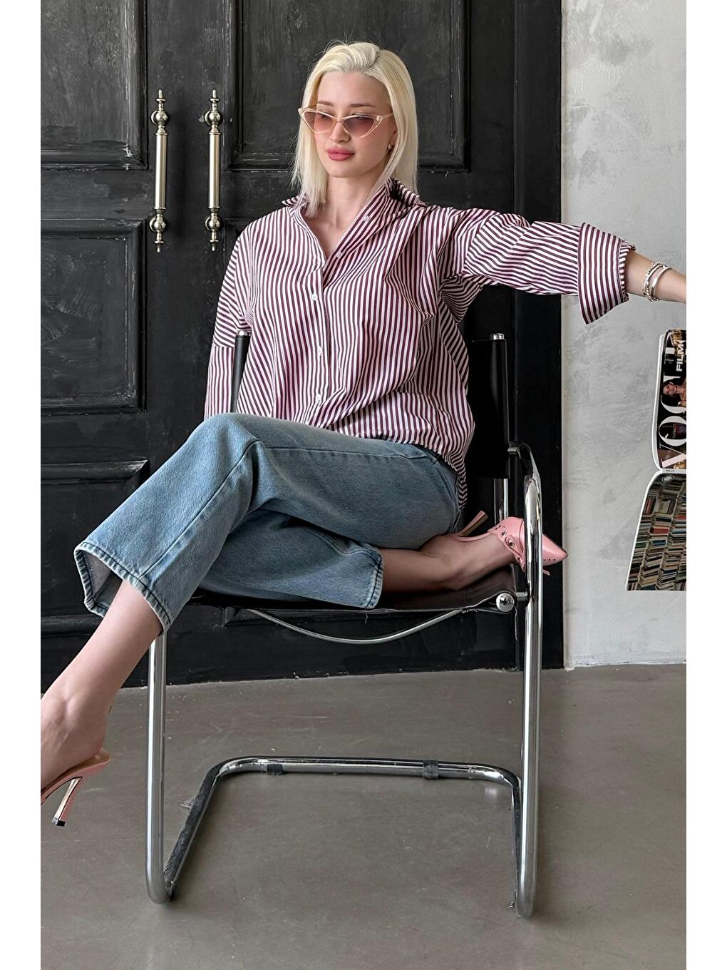 Bordo Çizgili Over Fit Gömlek Mg1525-6