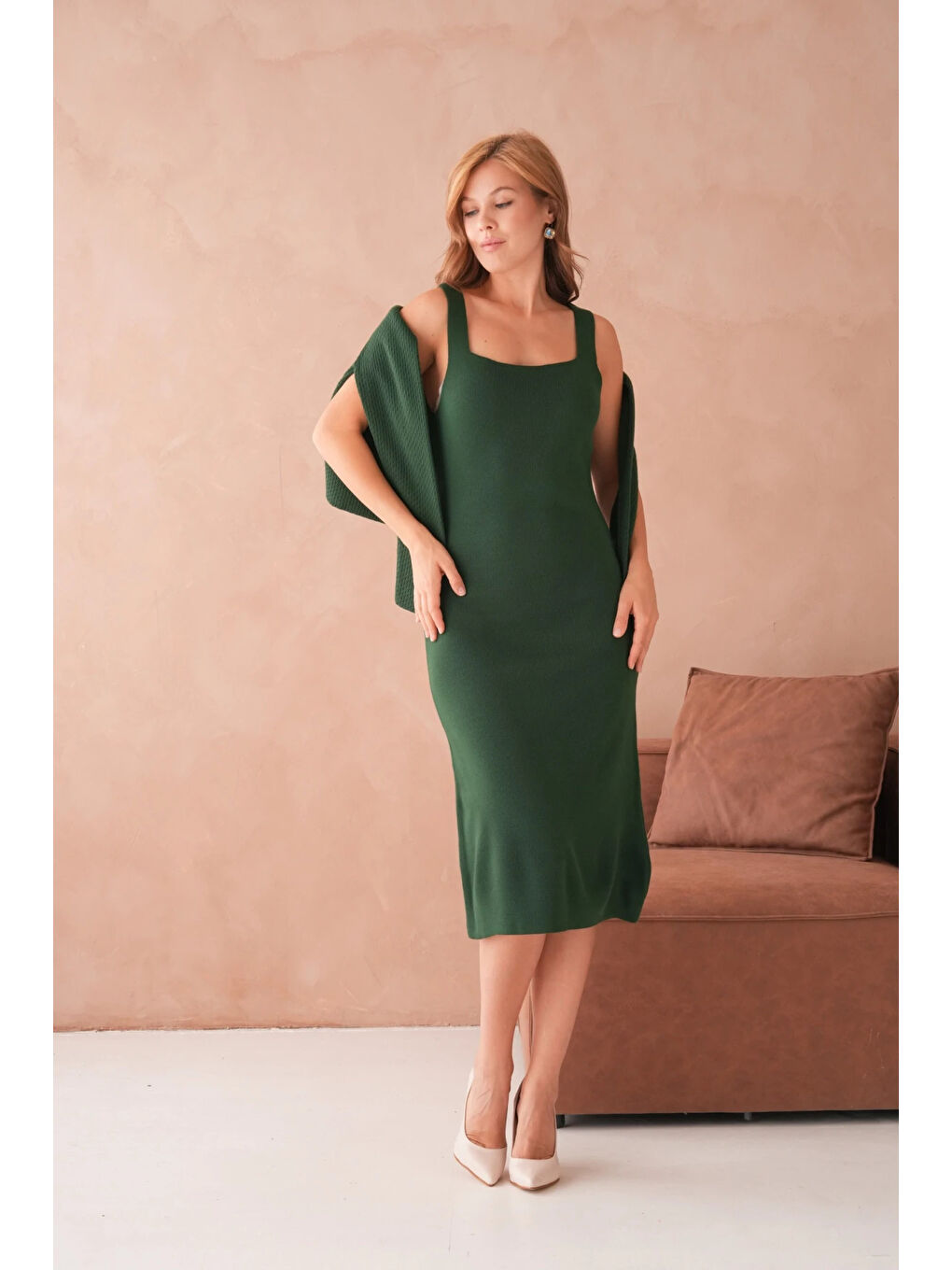 Yeşil Kadın Bisiklet Yaka Düğme Detay Dokulu Ceket Elbise İkili Triko Takım-1