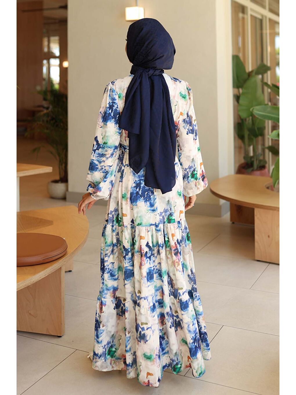 Mavi Kadın Desenli Uzun Tesettür Elbise 2586 - Saks-4