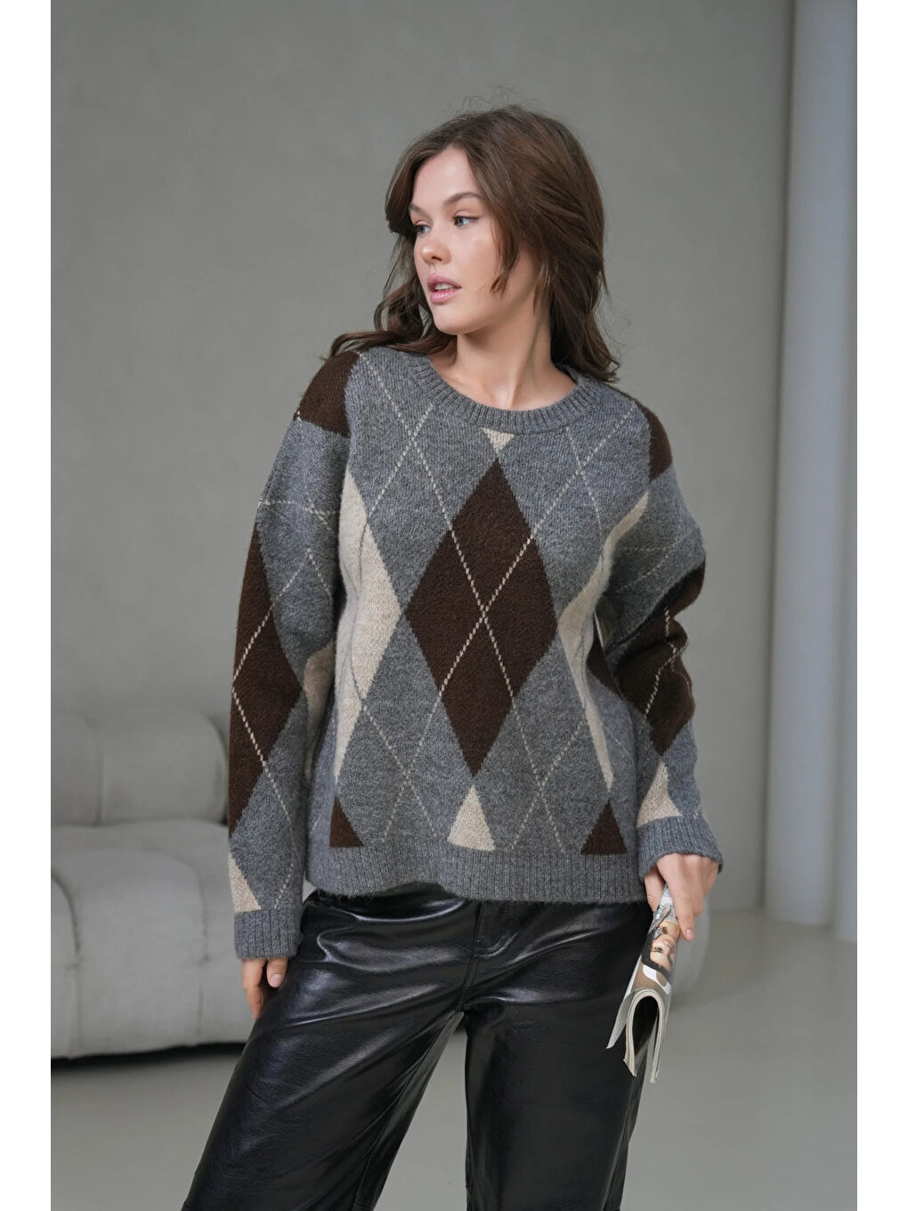 Antrasit Kadın Bisiklet Yaka Baklava Desenli Triko Kazak-4