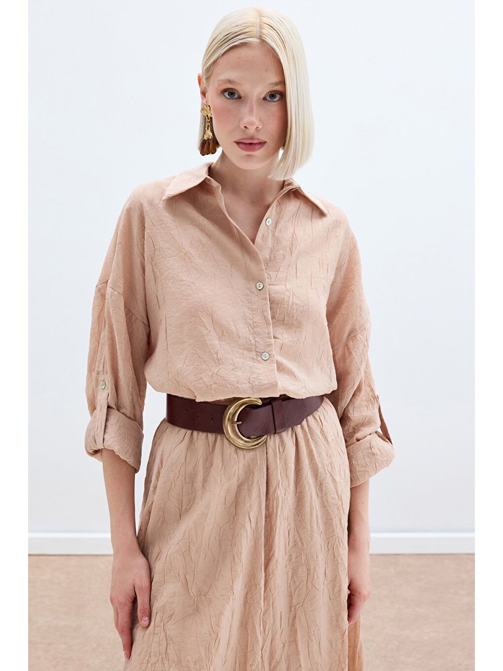 Pembe Kol Detaylı Salaş Gömlek - Pudra-3