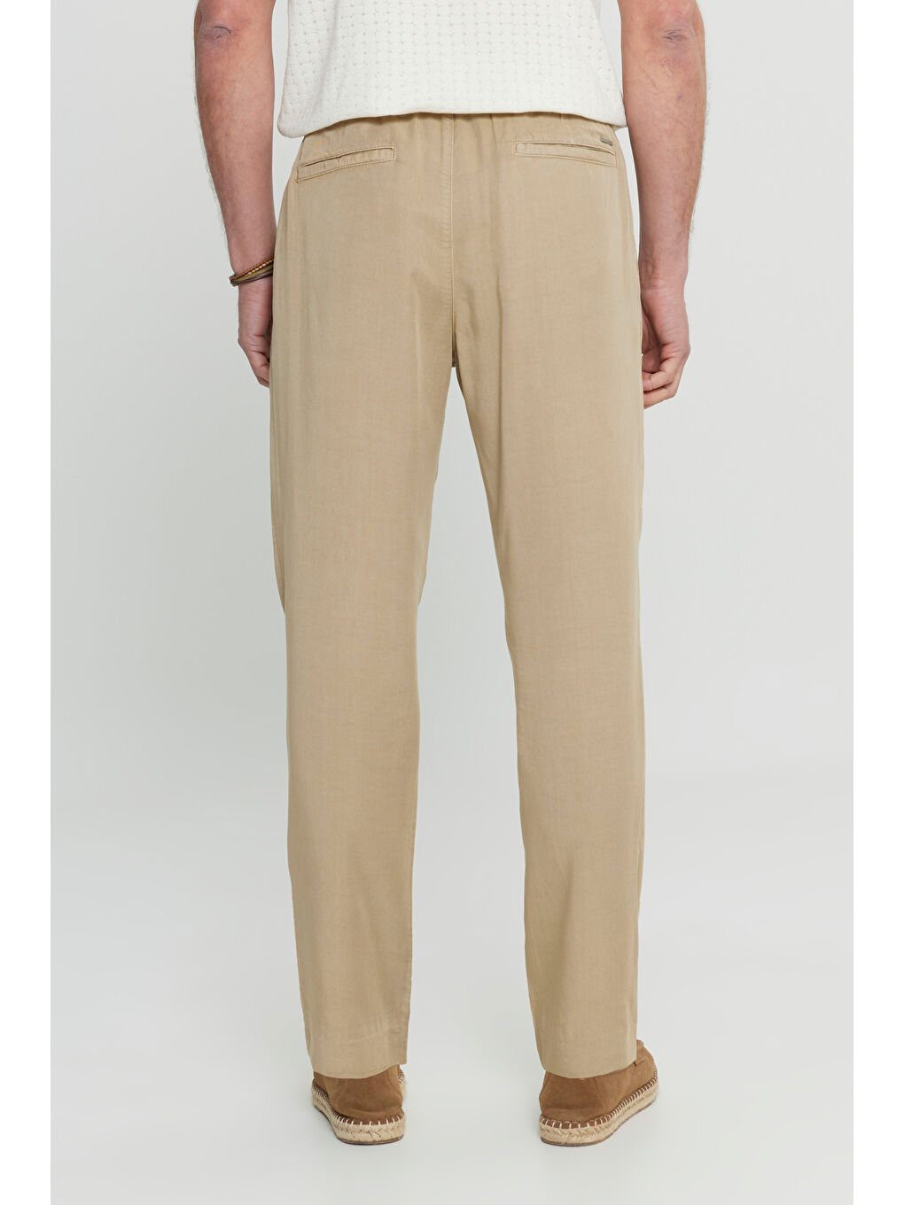 Erkek Bej Yumuşak Dokulu Slim Fit Dar Kesim Beli Bağlamalı Yan Cep Pantolon-4