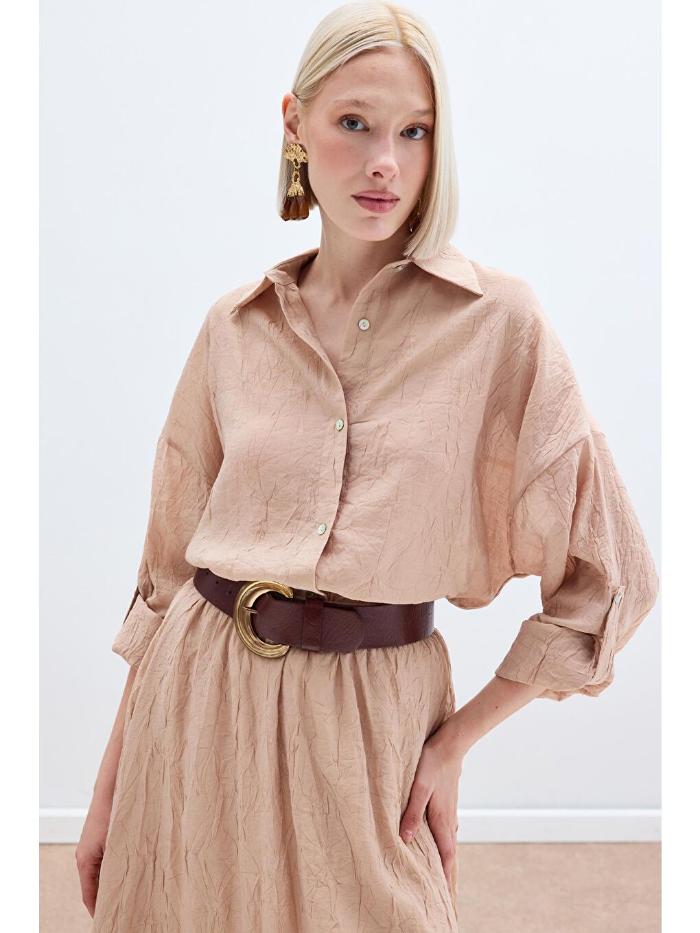 Pembe Kol Detaylı Salaş Gömlek - Pudra-4