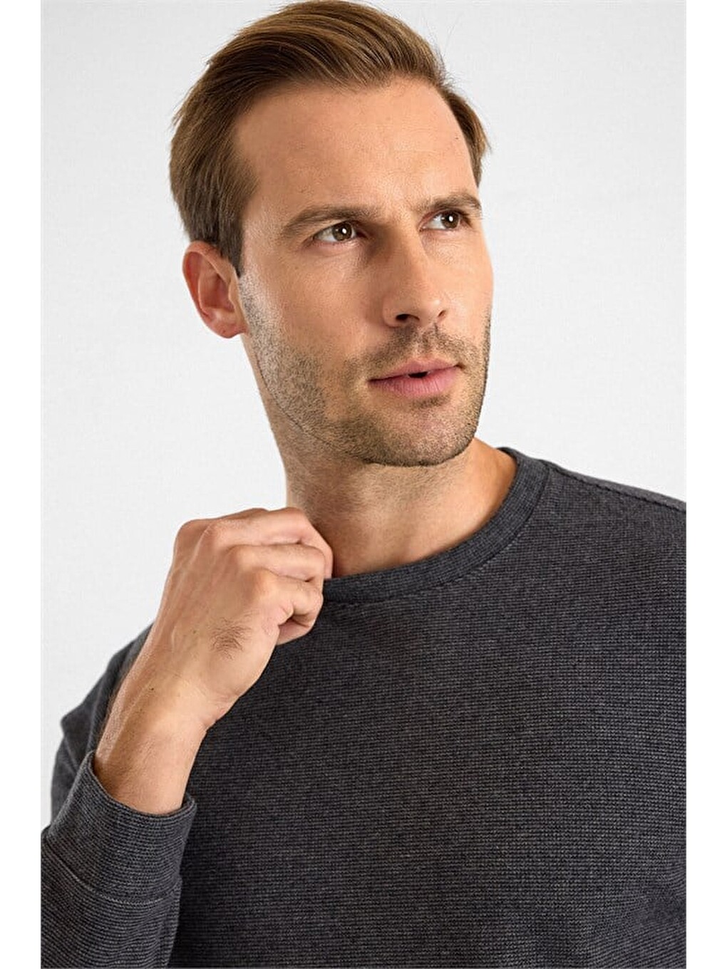Antrasit Regular Düz Bisiklet Yaka Sweatshirt-1
