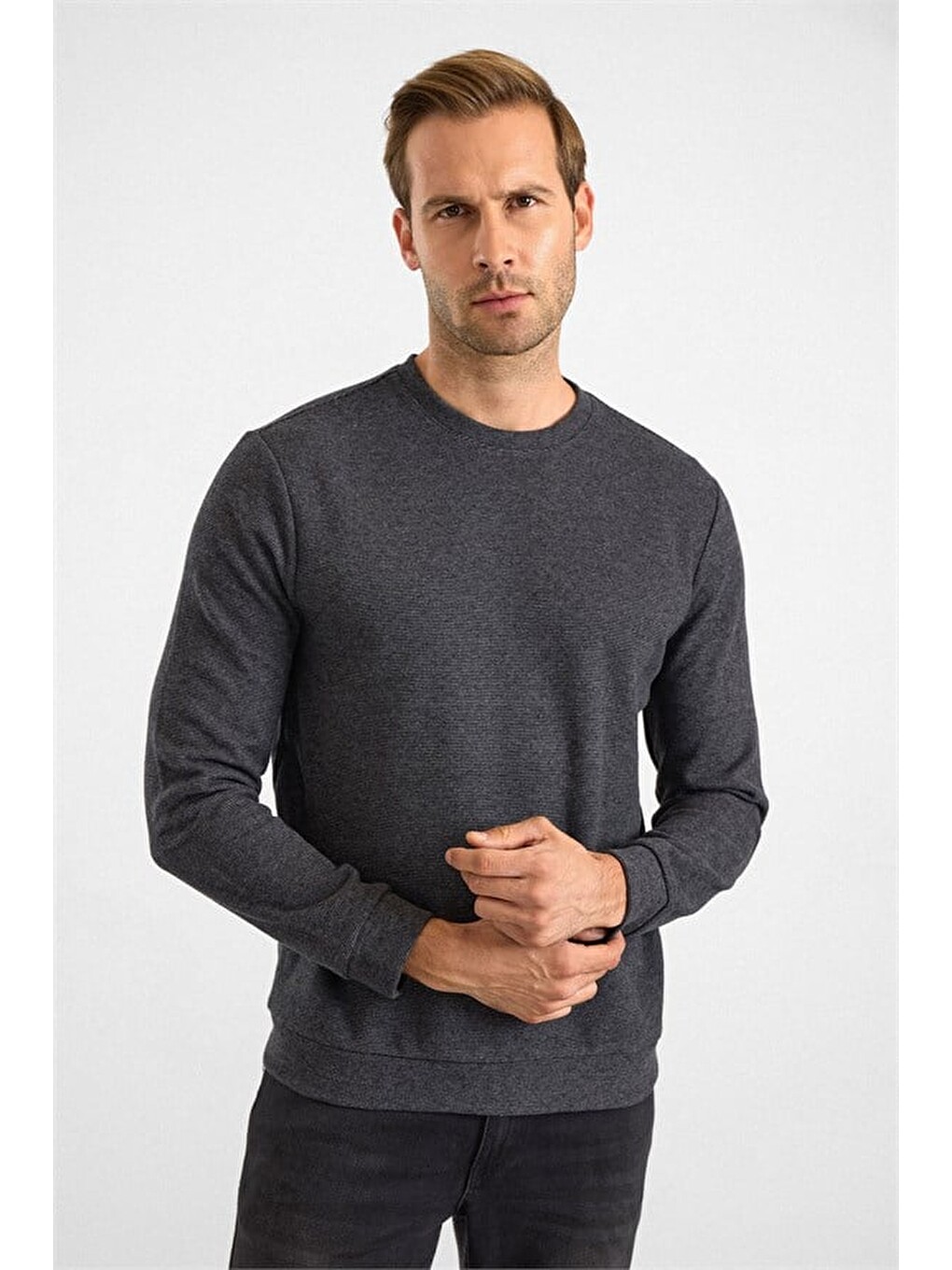 Antrasit Regular Düz Bisiklet Yaka Sweatshirt-2