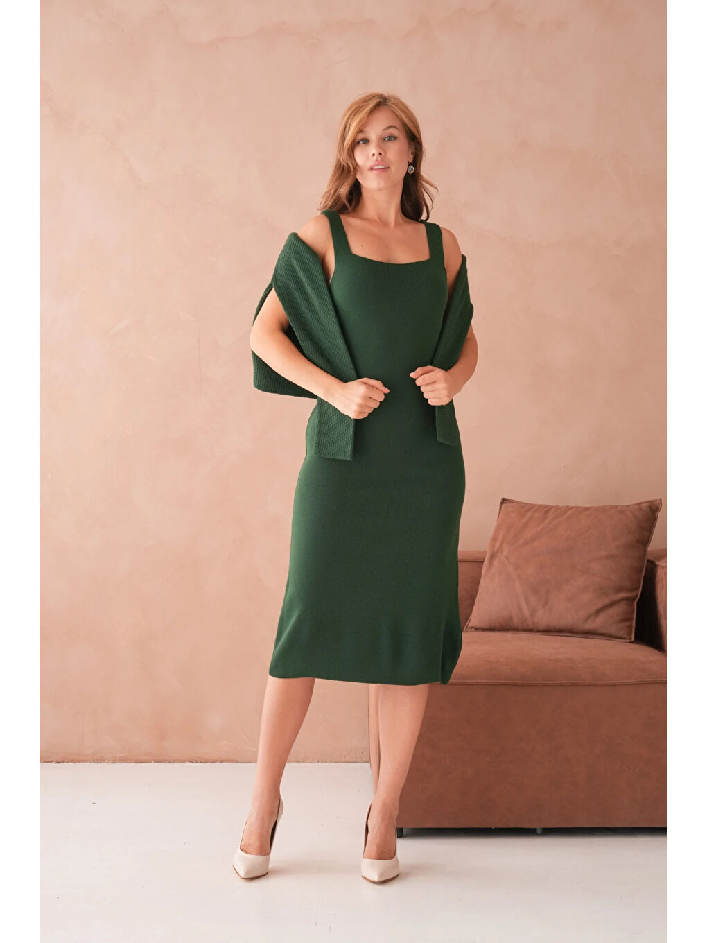 Yeşil Kadın Bisiklet Yaka Düğme Detay Dokulu Ceket Elbise İkili Triko Takım-2