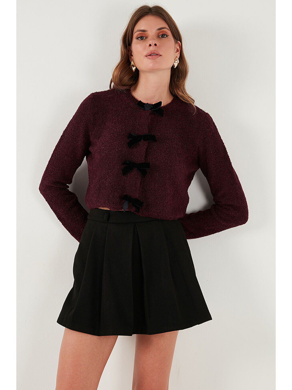 Bordo Regular Fit Bisiklet Yaka Kurdele Detaylı Premium Hırka 680HI00105-4