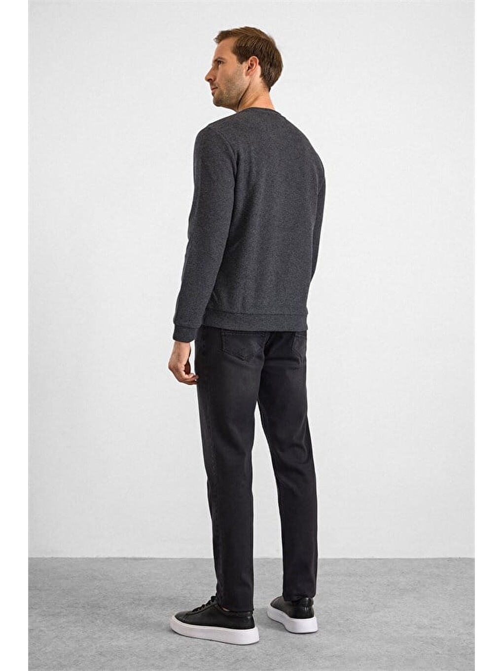 Antrasit Regular Düz Bisiklet Yaka Sweatshirt-4