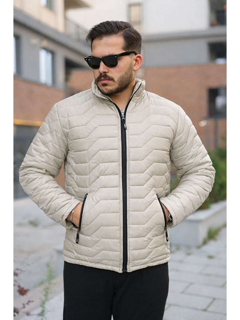 Ekru Erkek Kışlık Fermuarlı Günlük Kapitone Krem Şişme Mont