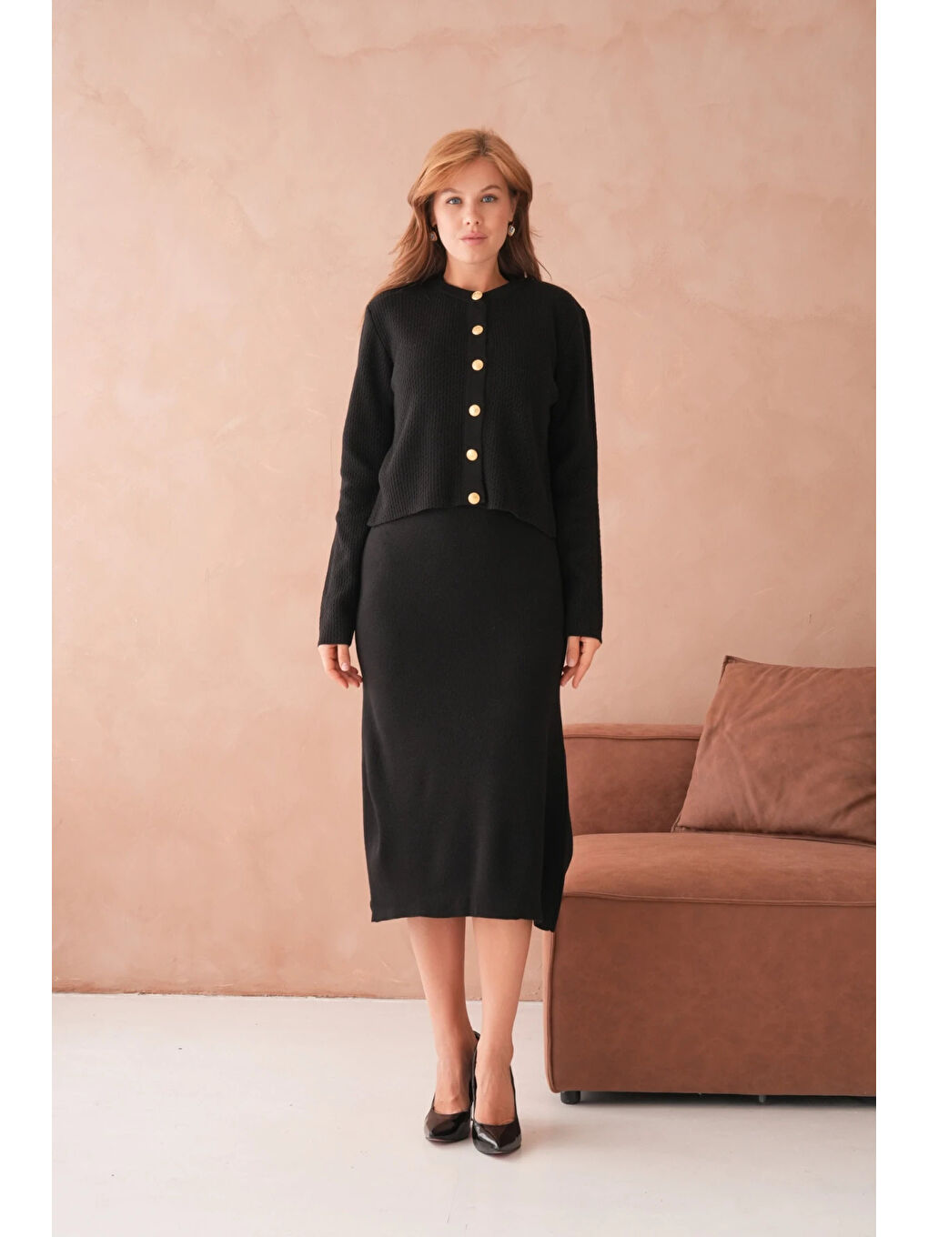 Siyah Kadın Bisiklet Yaka Düğme Detay Dokulu Ceket Elbise İkili Triko Takım