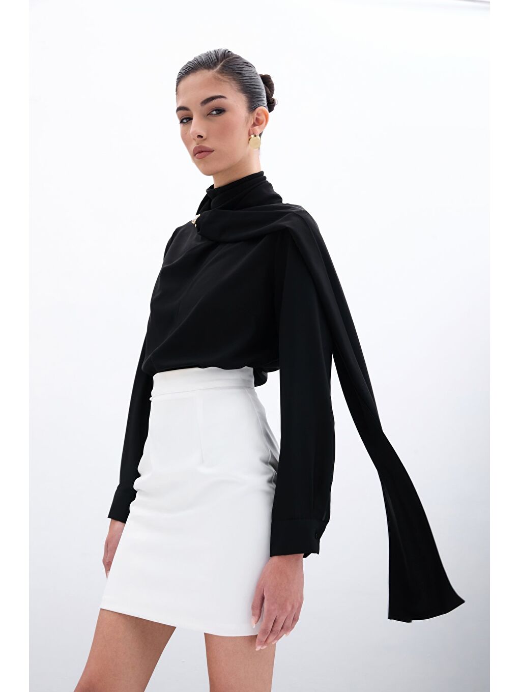 Şal Detaylı Bluz - Siyah-2