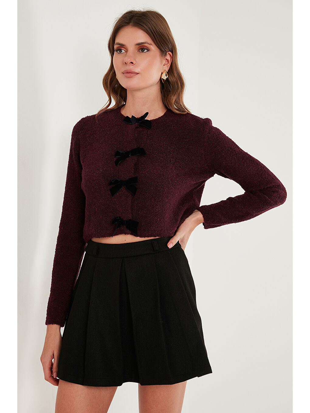 Bordo Regular Fit Bisiklet Yaka Kurdele Detaylı Premium Hırka 680HI00105-5