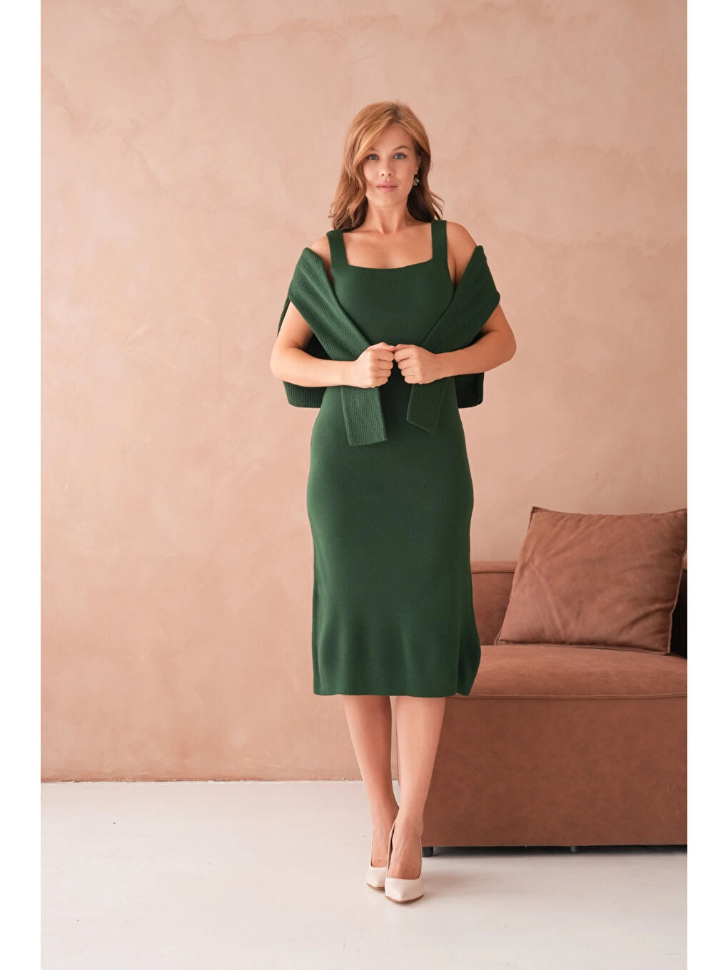 Yeşil Kadın Bisiklet Yaka Düğme Detay Dokulu Ceket Elbise İkili Triko Takım-3