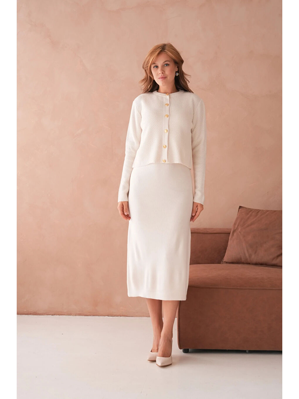 Ekru Kadın Bisiklet Yaka Düğme Detay Dokulu Ceket Elbise İkili Triko Takım