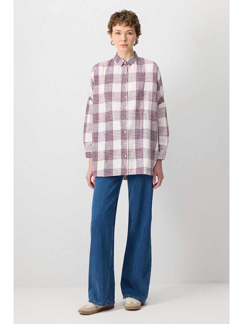 Bordo %100 Pamuklu Ekoseli Oversıze Gömlek