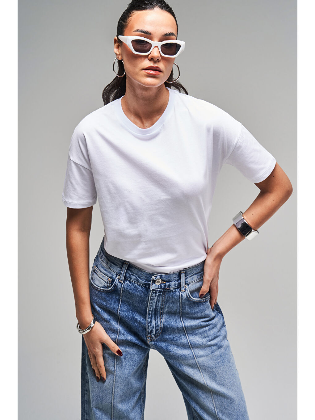 Kadın Beyaz Renk S5 Bisiklet Yaka Basic T-Shirt