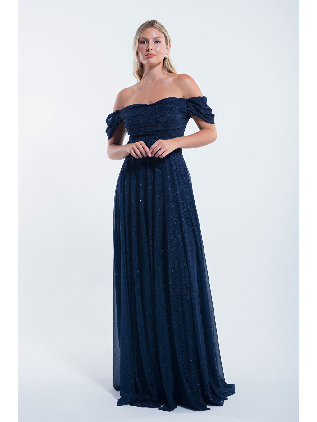 Kadın Lacivert Kayık Yaka Drapeli Uzun Simli Abiye Elbise-1