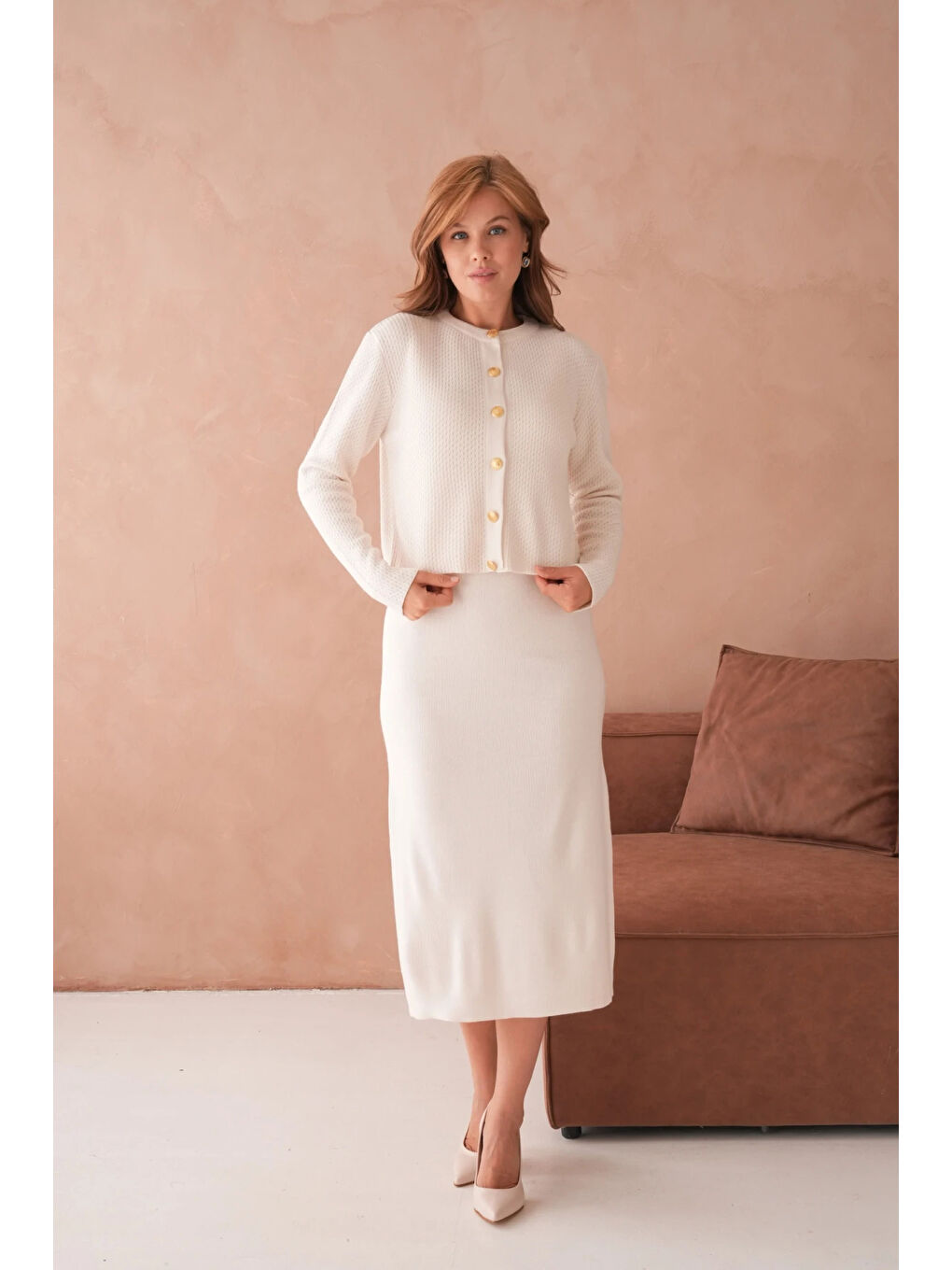 Ekru Kadın Bisiklet Yaka Düğme Detay Dokulu Ceket Elbise İkili Triko Takım-1