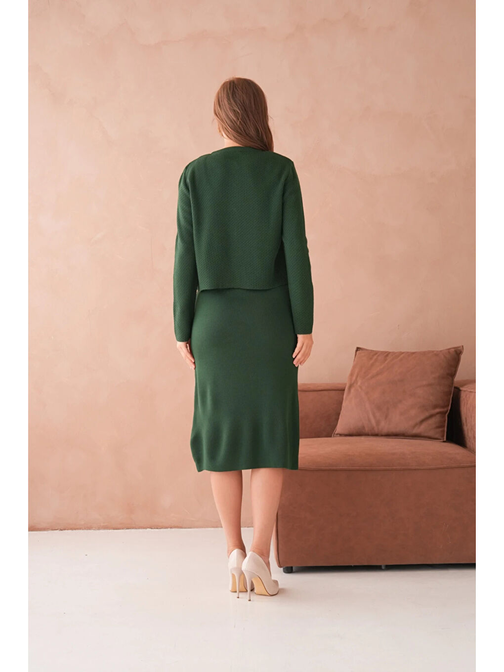 Yeşil Kadın Bisiklet Yaka Düğme Detay Dokulu Ceket Elbise İkili Triko Takım-4