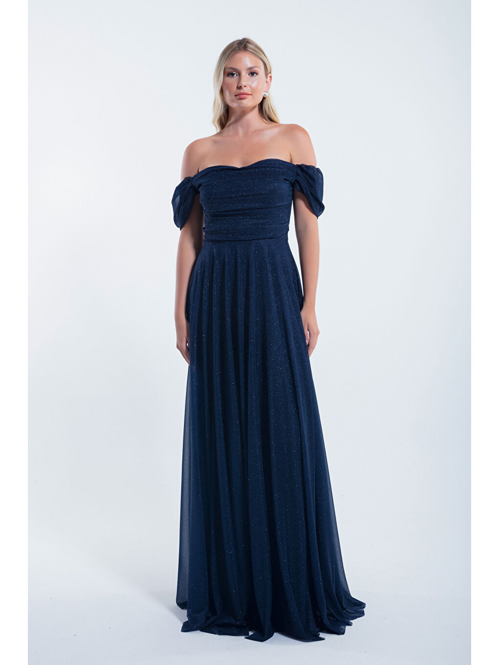 Kadın Lacivert Kayık Yaka Drapeli Uzun Simli Abiye Elbise-2