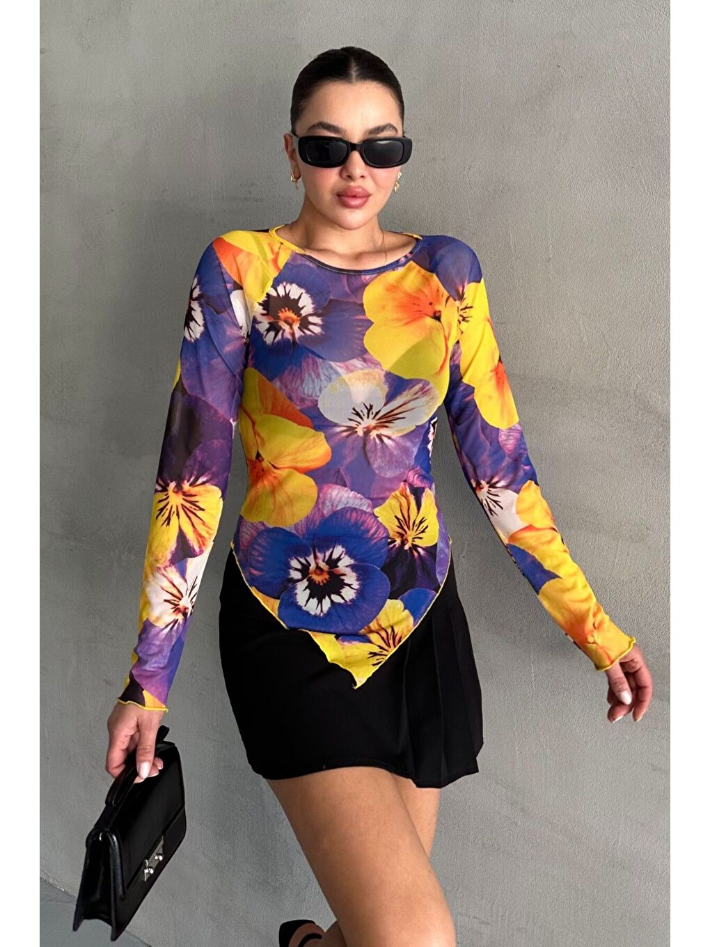 Mor Kadın Bisiklet Yaka MOR Çiçek Desenli Uzun Kollu V Kesim Bluz