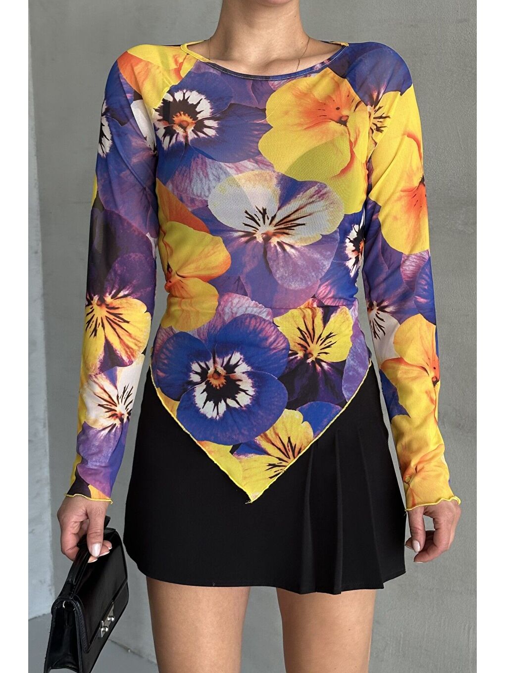 Mor Kadın Bisiklet Yaka MOR Çiçek Desenli Uzun Kollu V Kesim Bluz-1