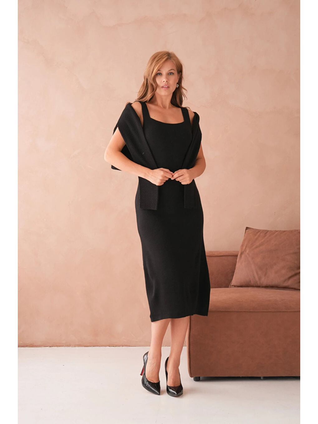 Siyah Kadın Bisiklet Yaka Düğme Detay Dokulu Ceket Elbise İkili Triko Takım-2