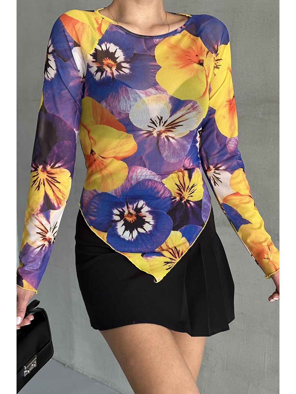 Mor Kadın Bisiklet Yaka MOR Çiçek Desenli Uzun Kollu V Kesim Bluz-2