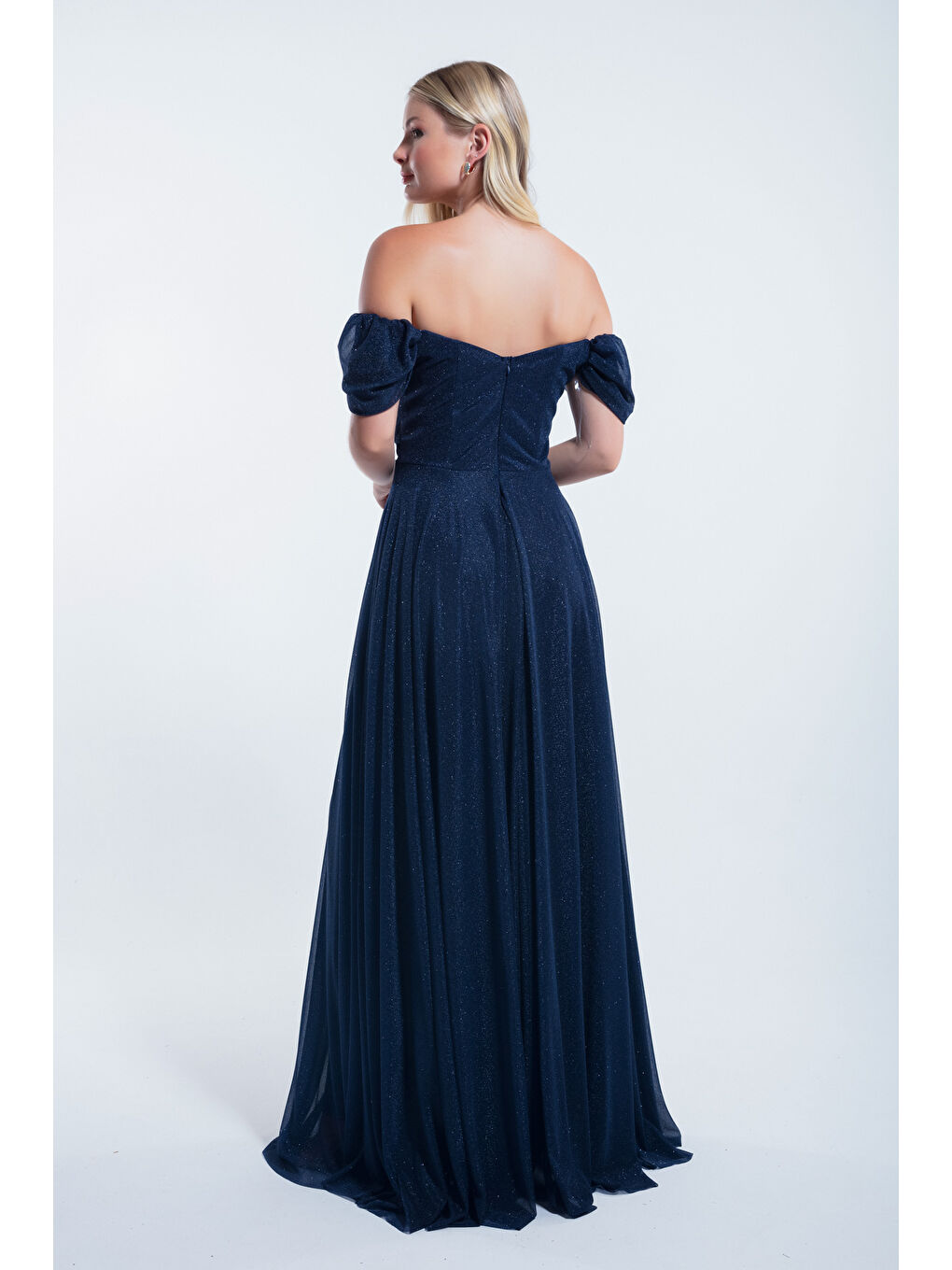 Kadın Lacivert Kayık Yaka Drapeli Uzun Simli Abiye Elbise-4