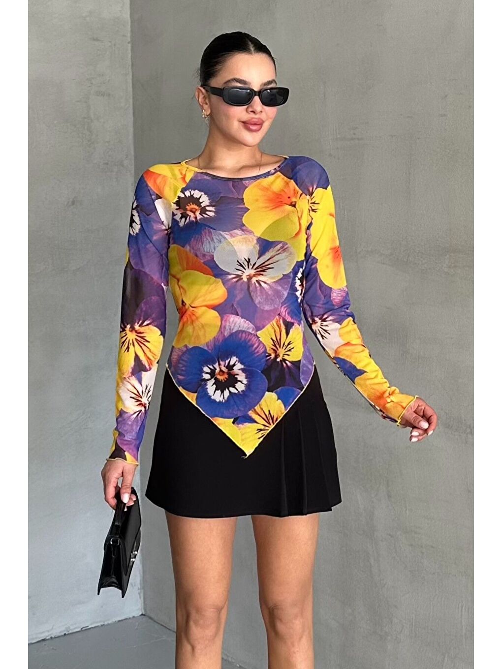 Mor Kadın Bisiklet Yaka MOR Çiçek Desenli Uzun Kollu V Kesim Bluz-3