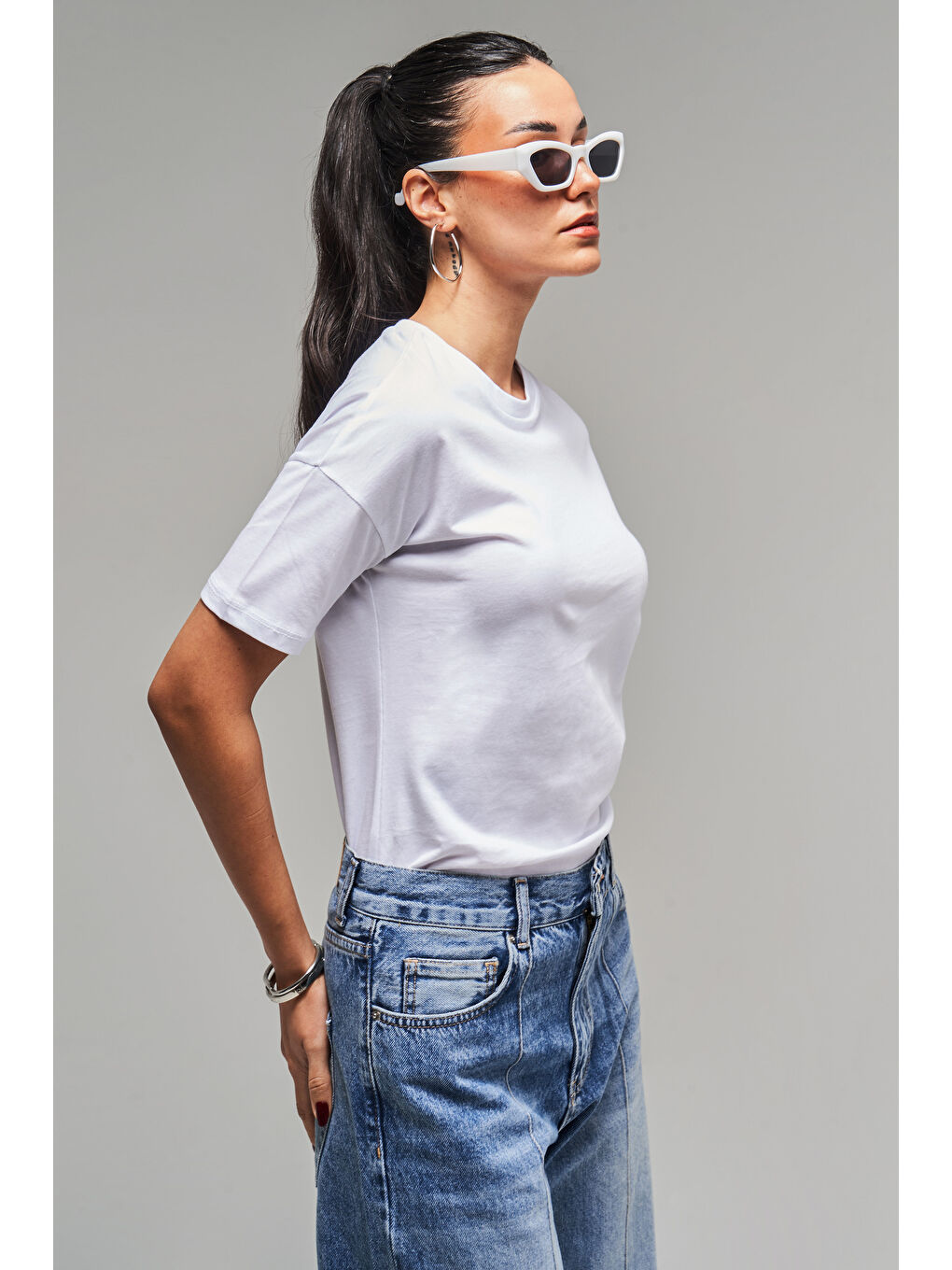 Kadın Beyaz Renk S5 Bisiklet Yaka Basic T-Shirt-5