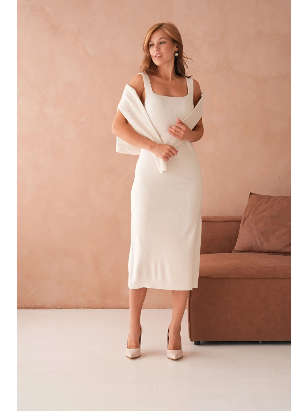 Ekru Kadın Bisiklet Yaka Düğme Detay Dokulu Ceket Elbise İkili Triko Takım-2