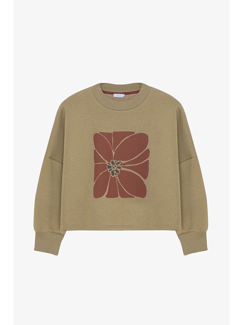 Çiçek Baskılı Oversize Sweatshirt Haki