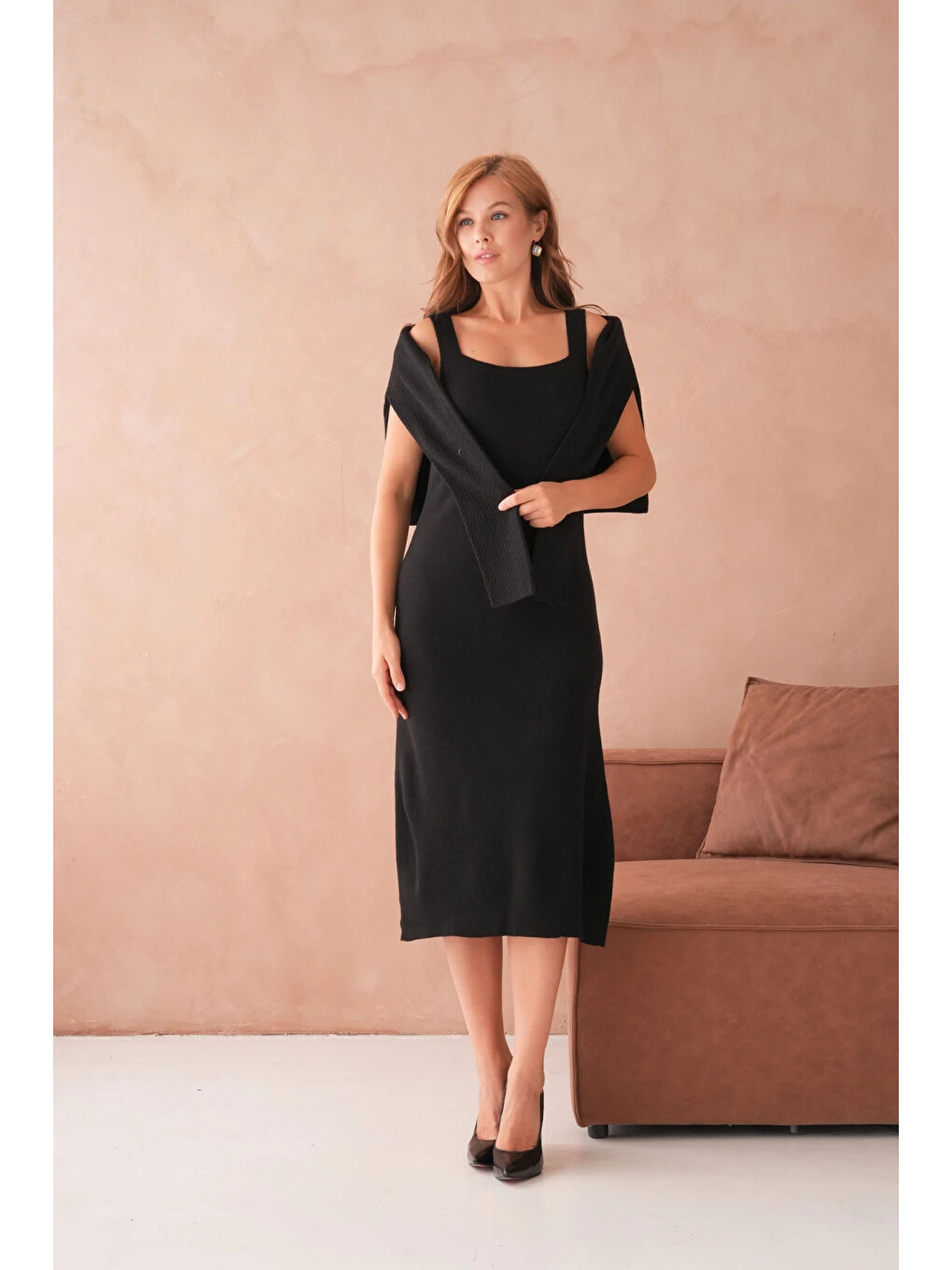 Siyah Kadın Bisiklet Yaka Düğme Detay Dokulu Ceket Elbise İkili Triko Takım-3