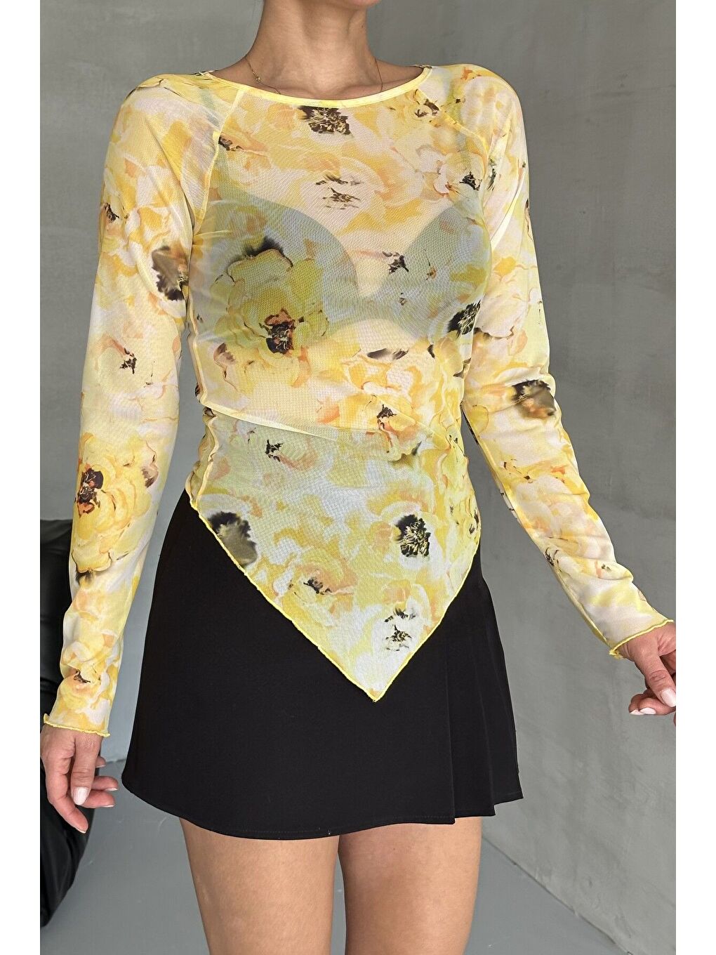 Sarı Kadın Bisiklet Yaka SARI Çiçek Desenli Uzun Kollu V Kesim Bluz-1