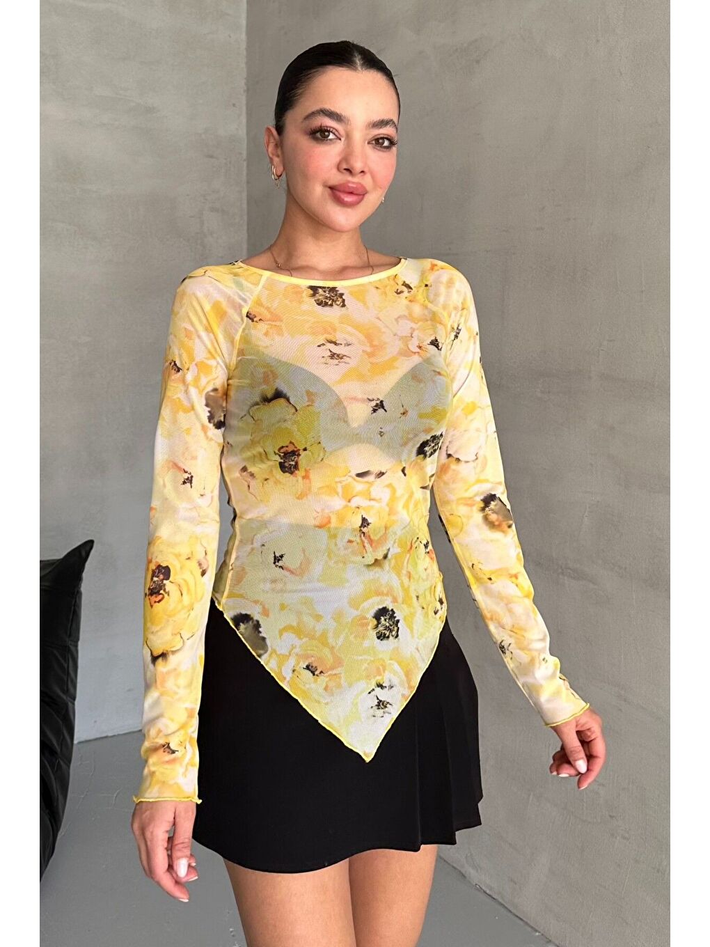 Sarı Kadın Bisiklet Yaka SARI Çiçek Desenli Uzun Kollu V Kesim Bluz-2