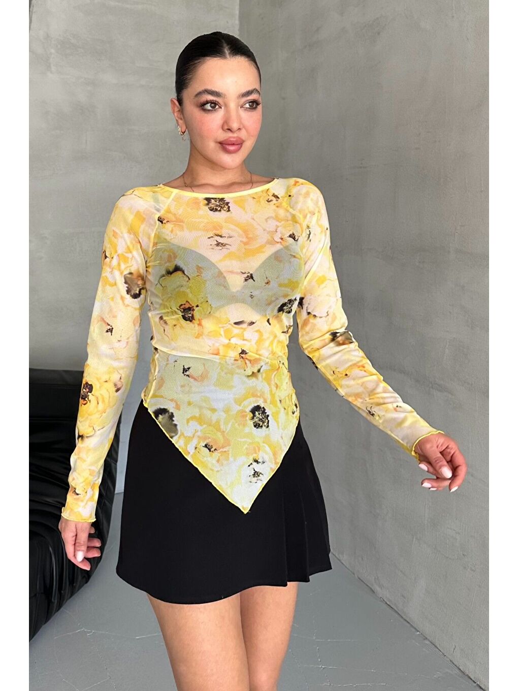 Sarı Kadın Bisiklet Yaka SARI Çiçek Desenli Uzun Kollu V Kesim Bluz-3