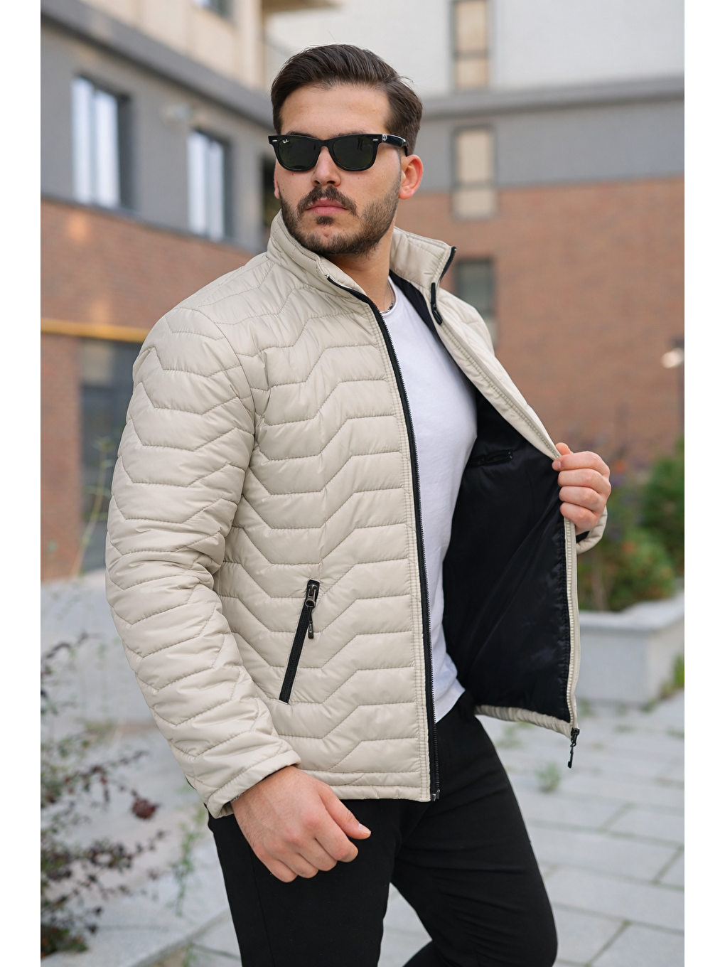 Ekru Erkek Kışlık Fermuarlı Günlük Kapitone Krem Şişme Mont-1