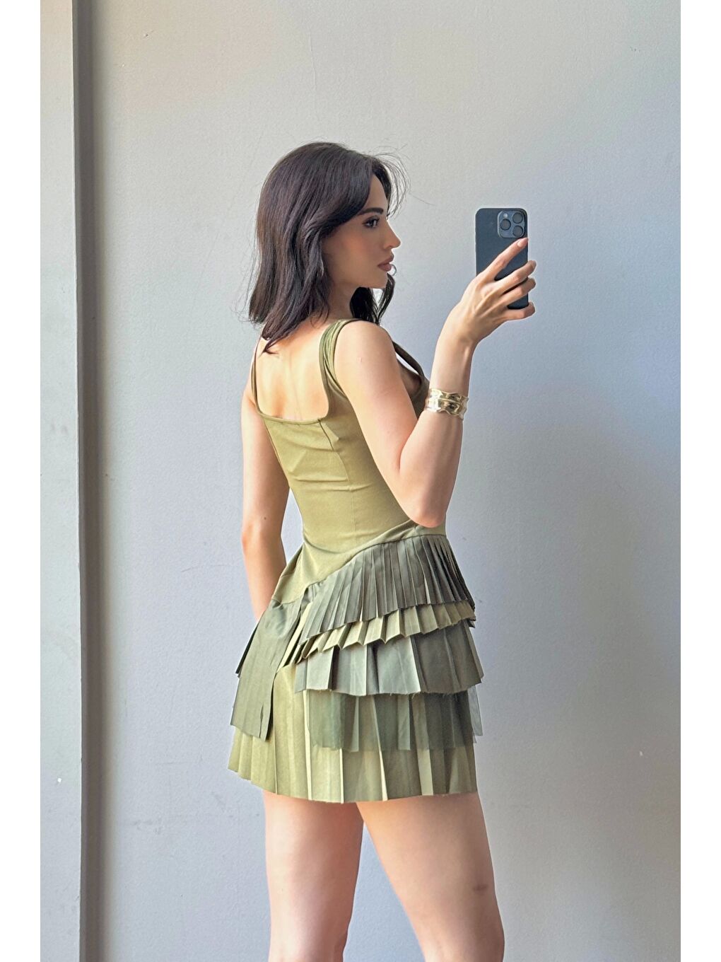 Kadın Haki Pliseli Şort Elbise 1041-2332-1