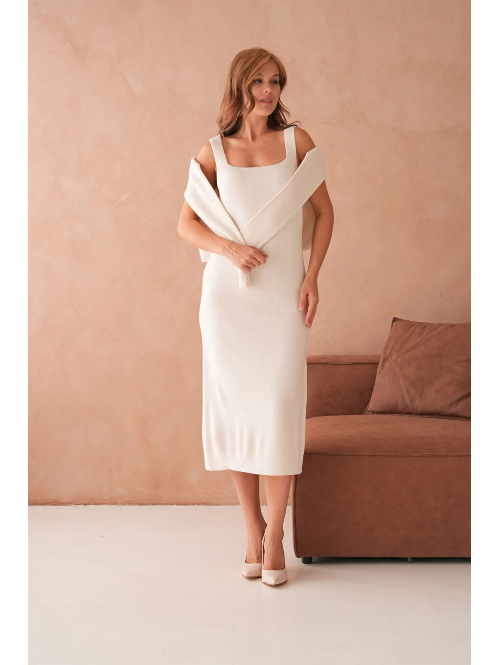 Ekru Kadın Bisiklet Yaka Düğme Detay Dokulu Ceket Elbise İkili Triko Takım-3