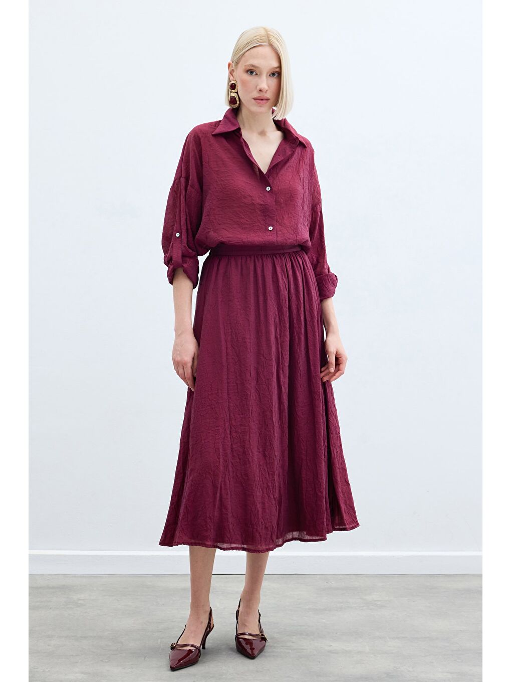 Kol Detaylı Salaş Gömlek - Bordo-1