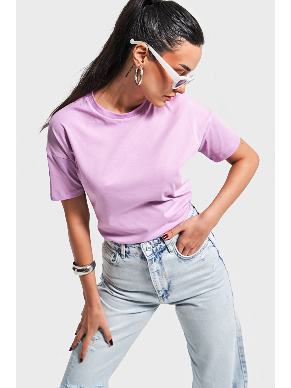 Kadın Lila Renk S5 Bisiklet Yaka Basic T-Shirt