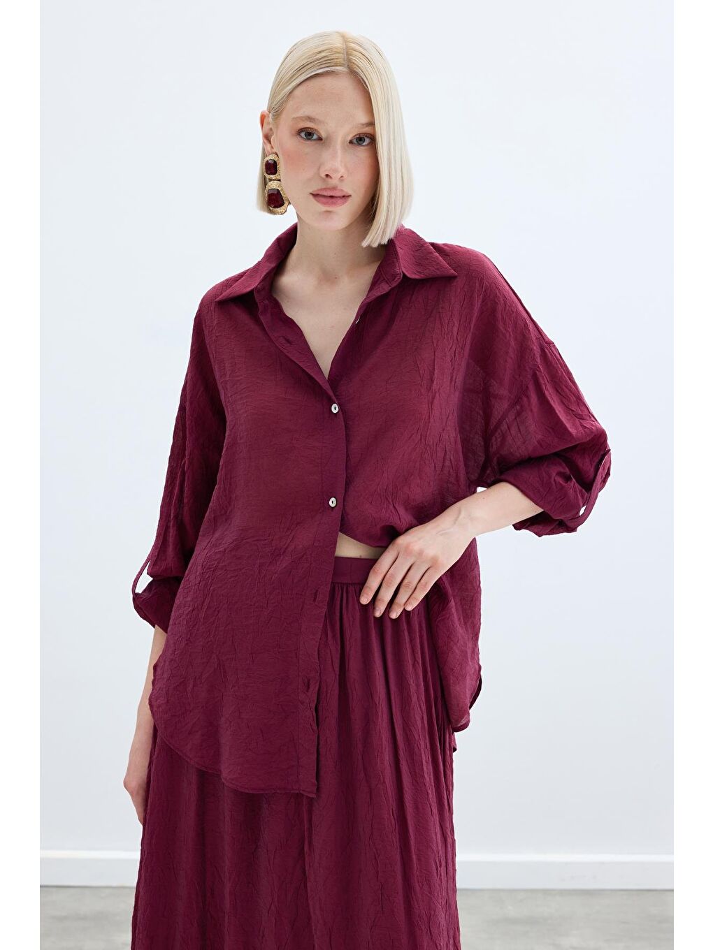 Kol Detaylı Salaş Gömlek - Bordo-2