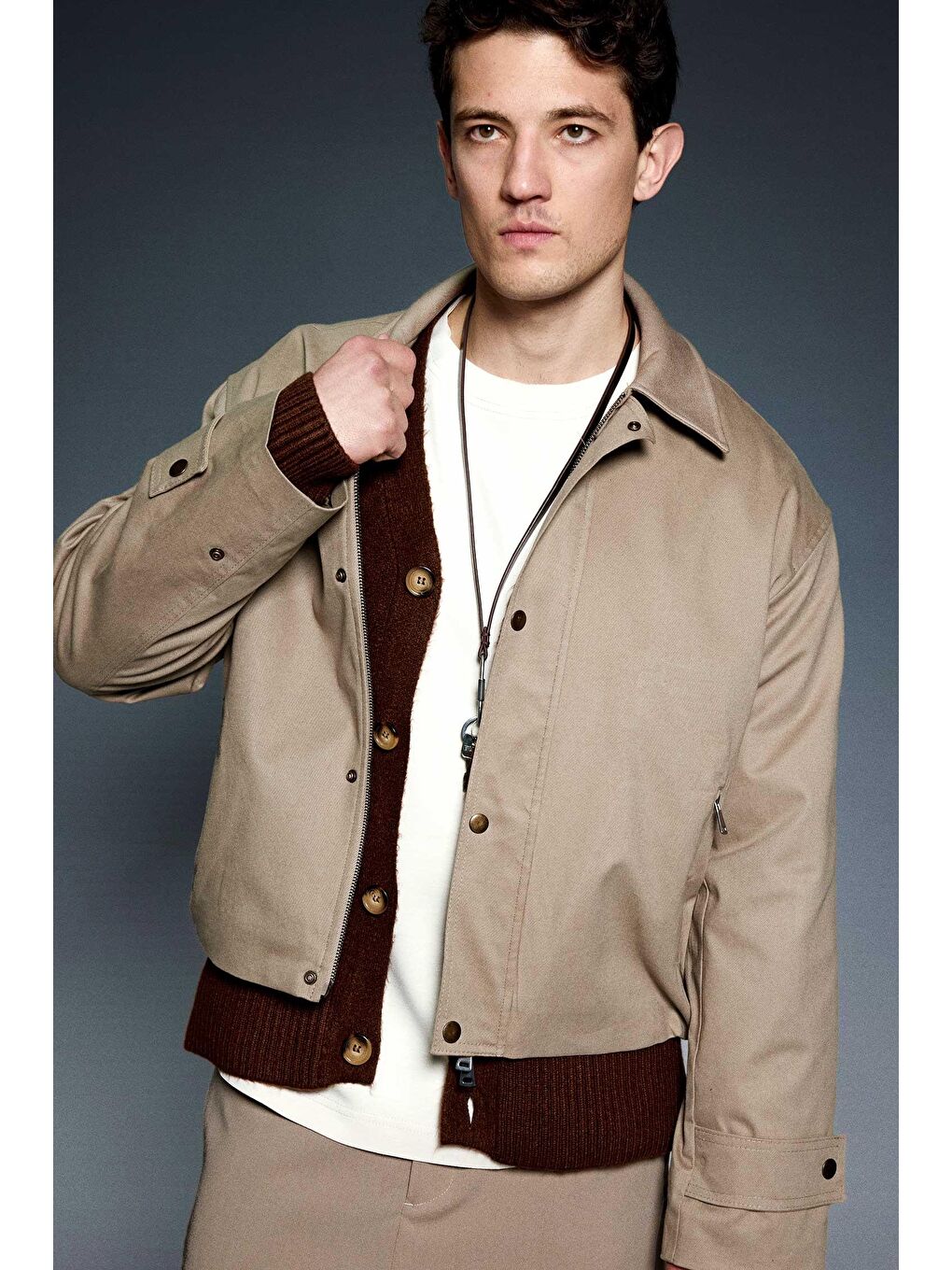 Erkek Boxy Fit Geniş Kesim Kontrast Yaka Premium Ceket Bej-2