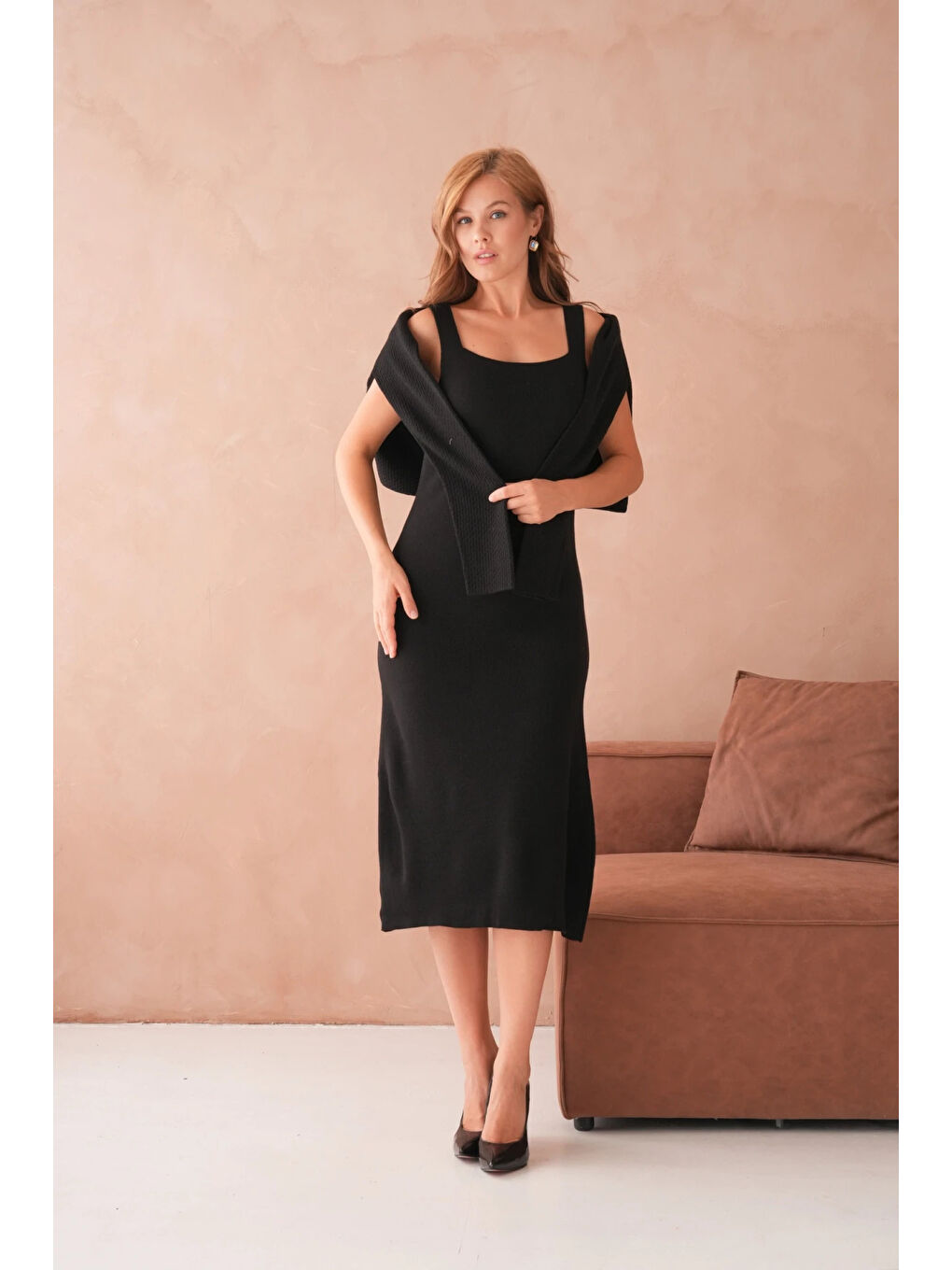 Siyah Kadın Bisiklet Yaka Düğme Detay Dokulu Ceket Elbise İkili Triko Takım-4