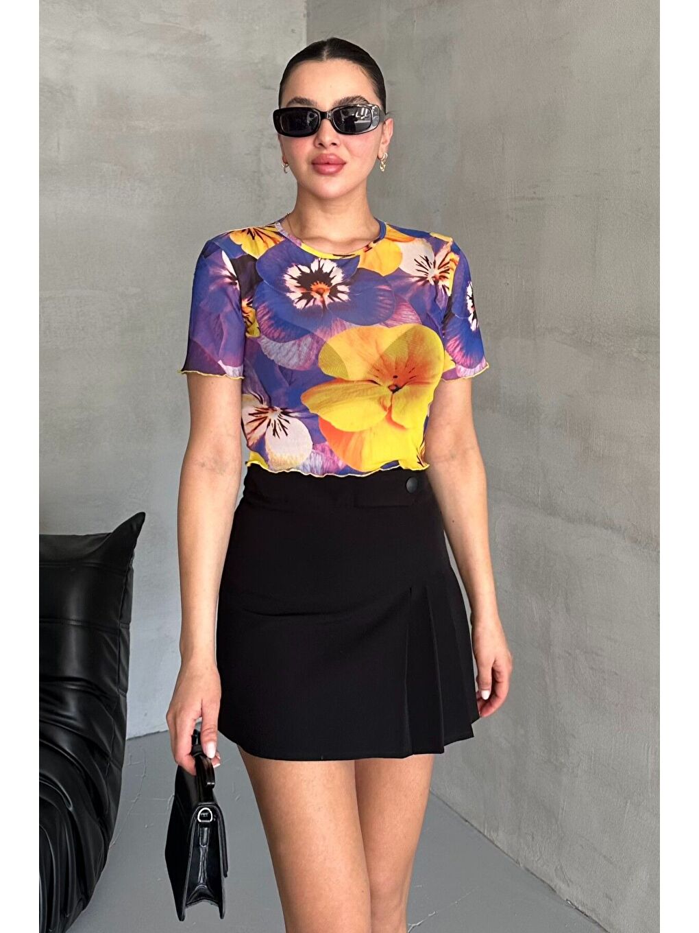 Mor Kadın Bisiklet Yaka MOR Çiçek Desenli Kısa Kollu Bluz