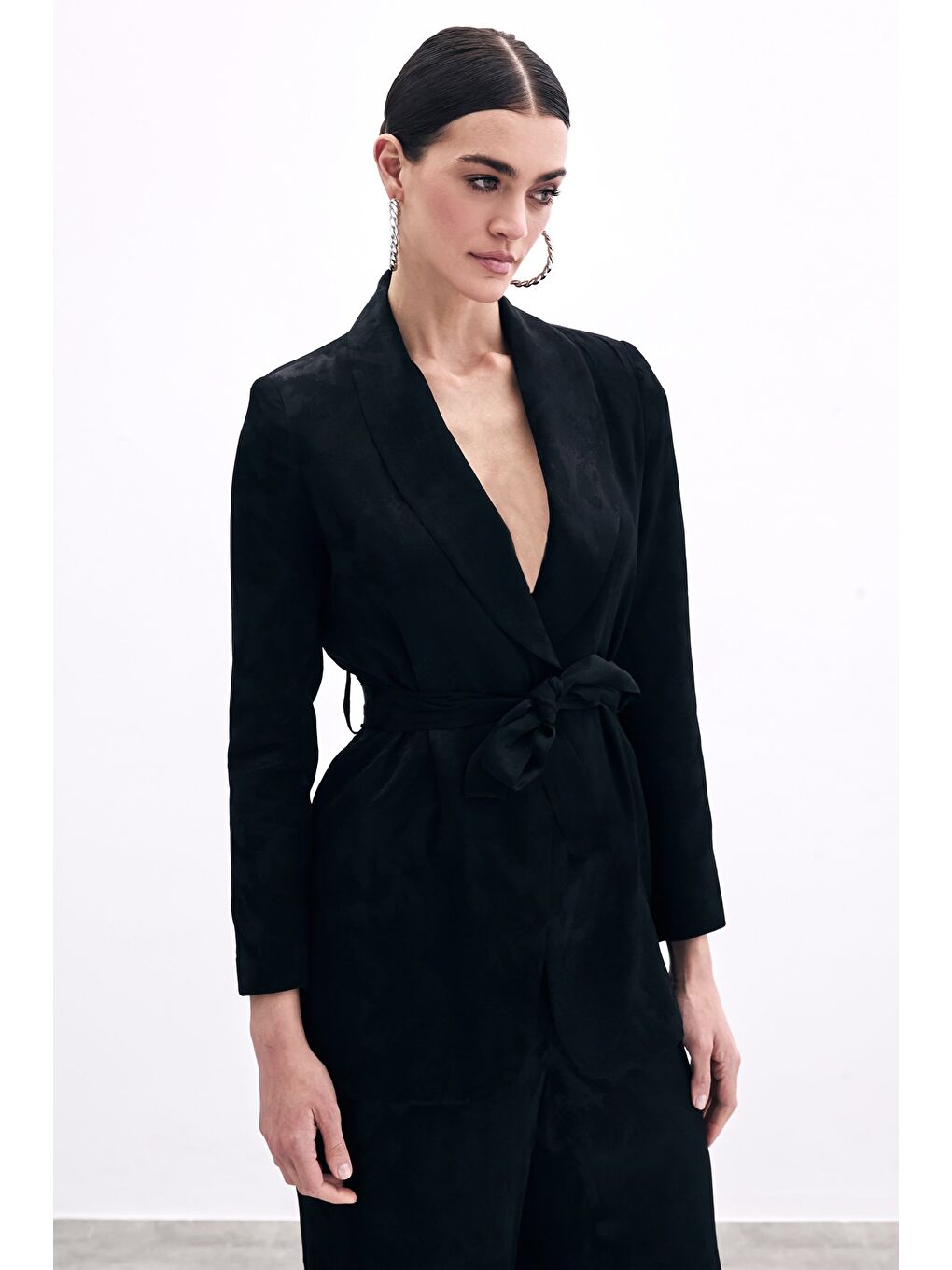 Bağlamalı Jakarlı Ceket - Siyah-1