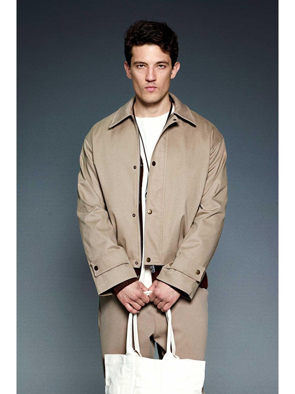 Erkek Boxy Fit Geniş Kesim Kontrast Yaka Premium Ceket Bej-3