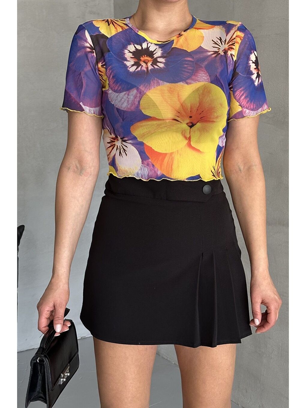 Mor Kadın Bisiklet Yaka MOR Çiçek Desenli Kısa Kollu Bluz-1